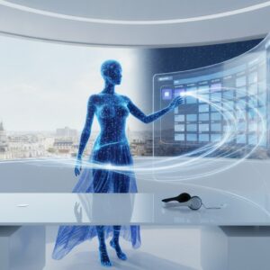 Blue holographic human figure interacts with a curved transparent data screen in a sleek futuristic workspace overlooking a city skyline. A headset rests on the table nearby.