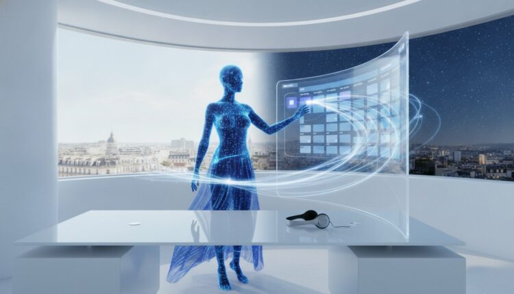Blue holographic human figure interacts with a curved transparent data screen in a sleek futuristic workspace overlooking a city skyline. A headset rests on the table nearby.