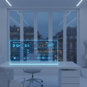 Futuristic blue holographic dashboard projected over a white desk in a bright minimalist office.
