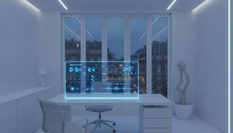 Futuristic blue holographic dashboard projected over a white desk in a bright minimalist office.